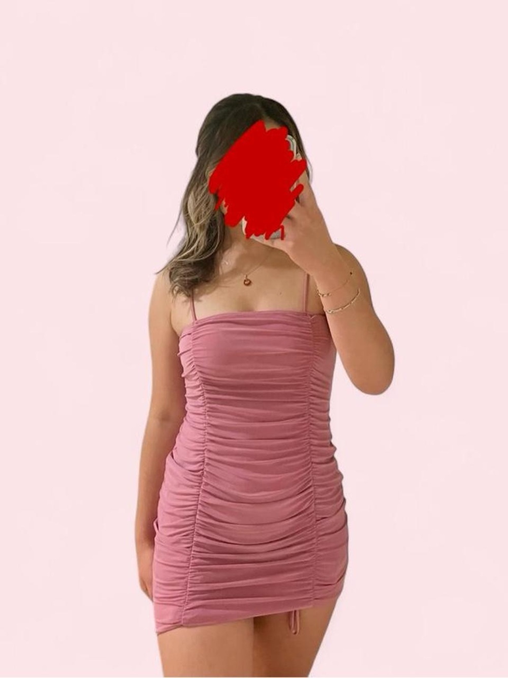 Ruched Pink Mini Dress with Thin Straps - Women